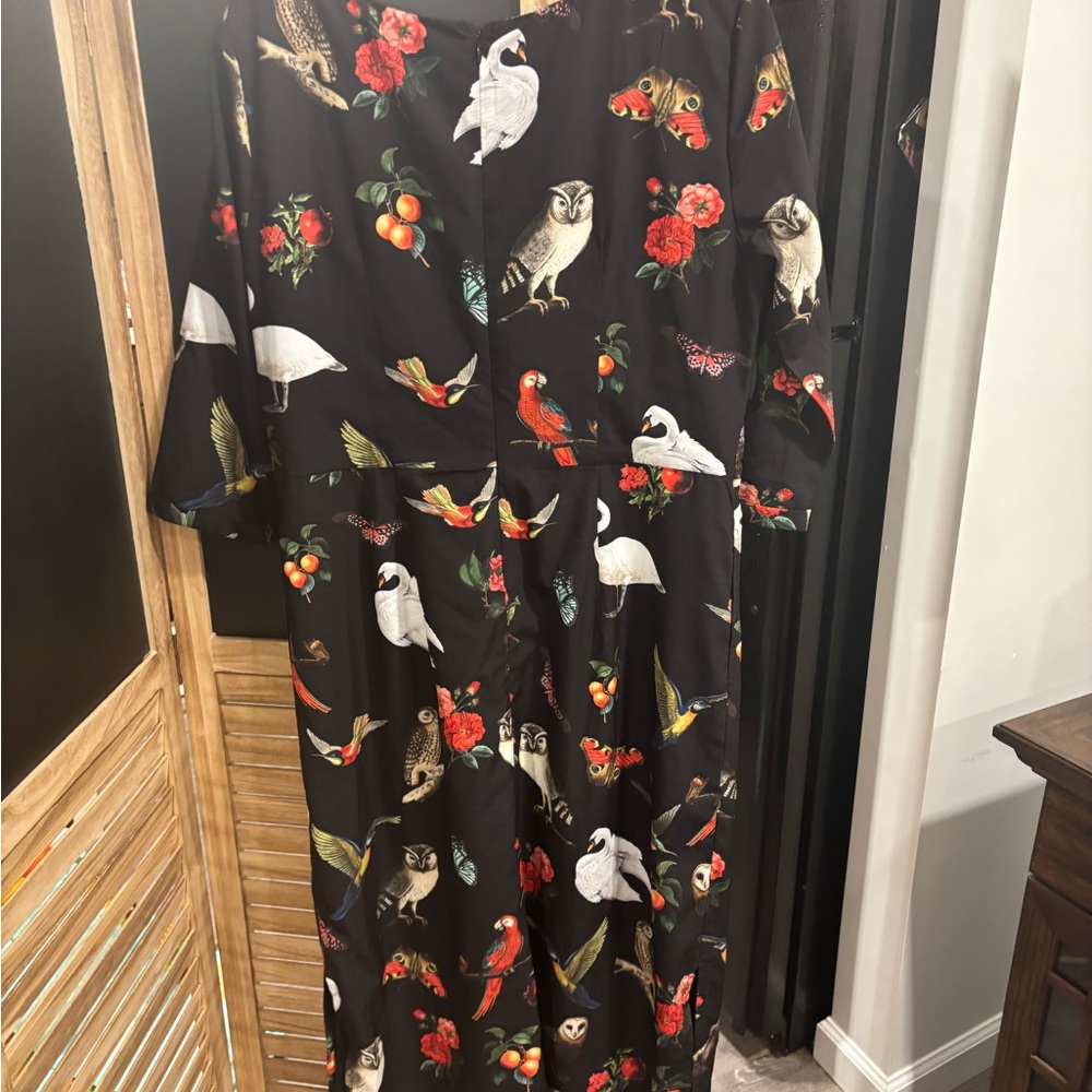 eshakti Black Maxi Dress with Multicolor Bird & Floral Print